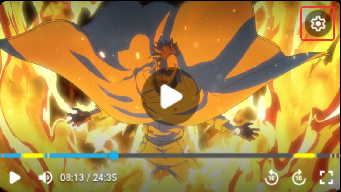The video player on a phone with the settings gear in the top right corner highlighted