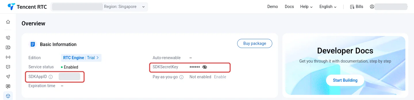 The RTC Engine overview page with the SDKAppID and SDKSecretKey fields highlighted