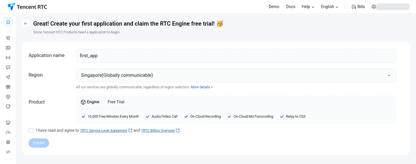 The create application form with name, region and the RTC Engine free trial