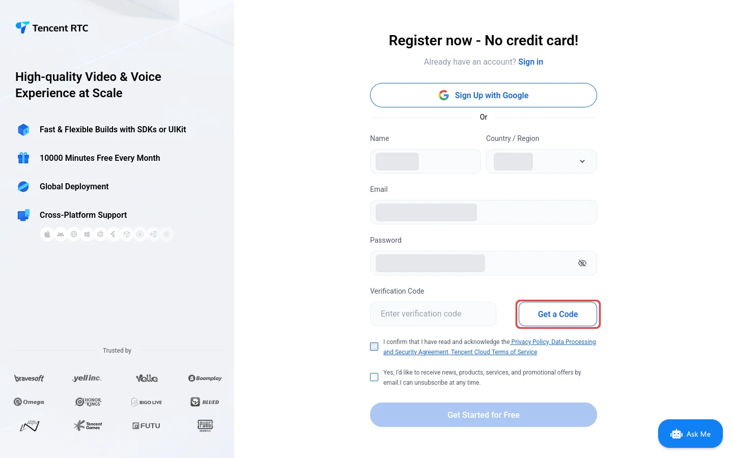 The Tencent RTC register form with the Get a Code button highlighted