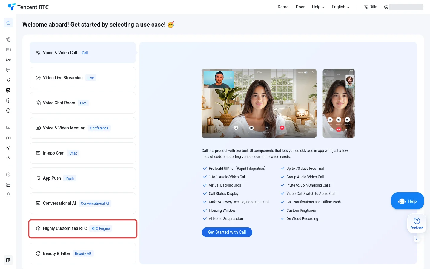 The Tencent RTC welcome screen with the Highly Customized RTC use case highlighted